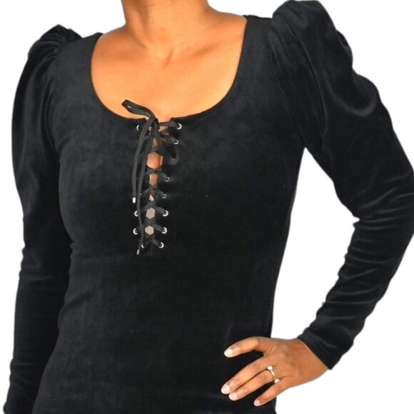 La Femme en Noir Sleepy Hollow Dress Black Wiggle Velour Bodycon Puff Sleeve XS - Picture 4 of 15
